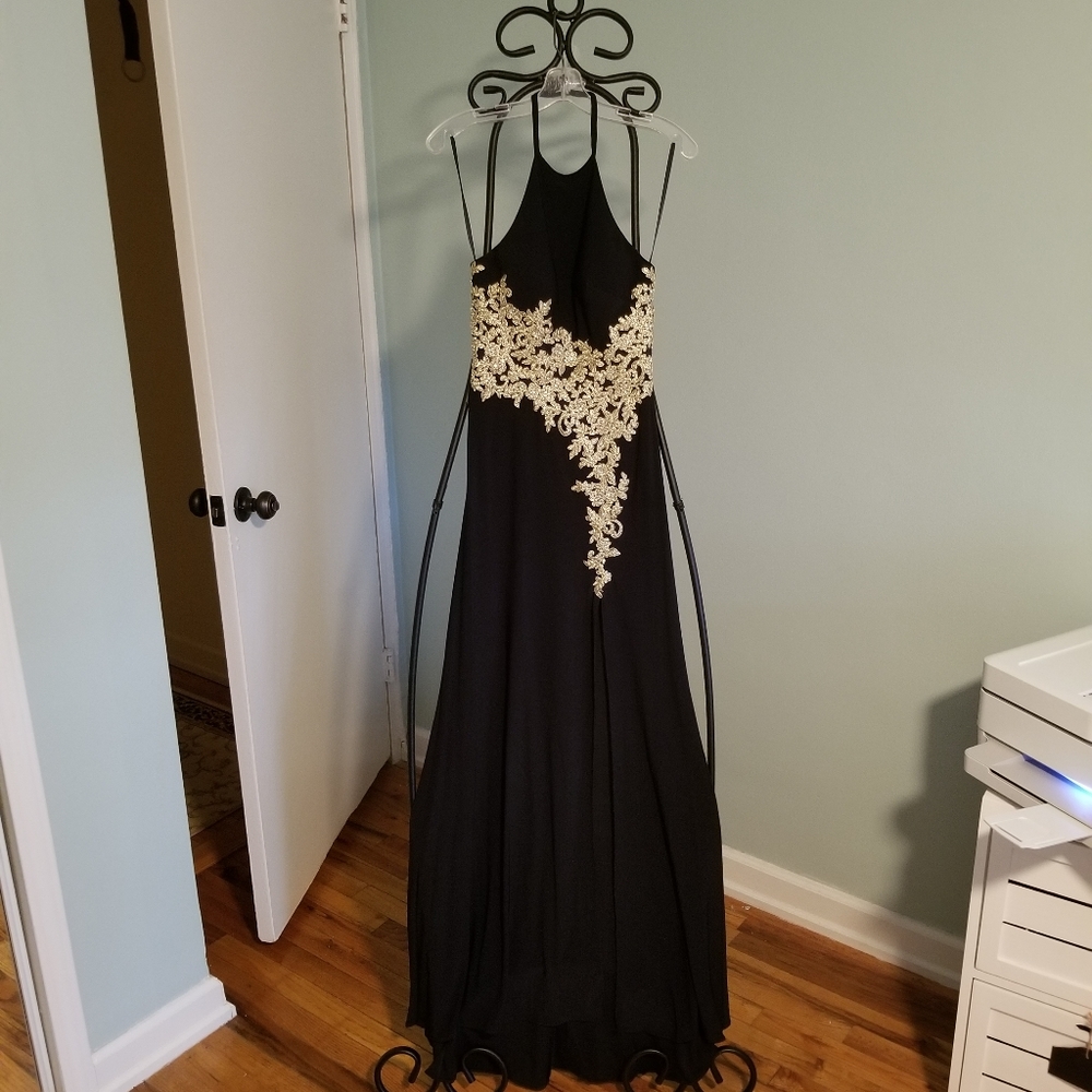 Navy blue and gold accent dress